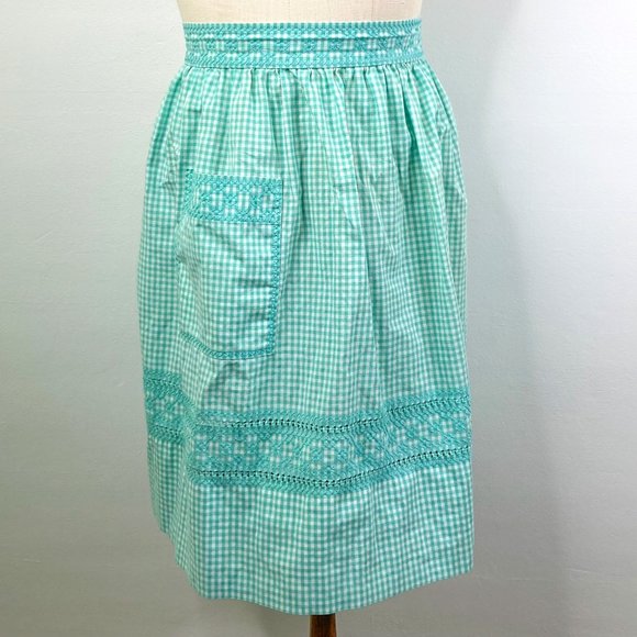 Vintage Handmade Teal Green Gingham Apron Cross Stitch Tie Waist Pocket - Picture 1 of 13